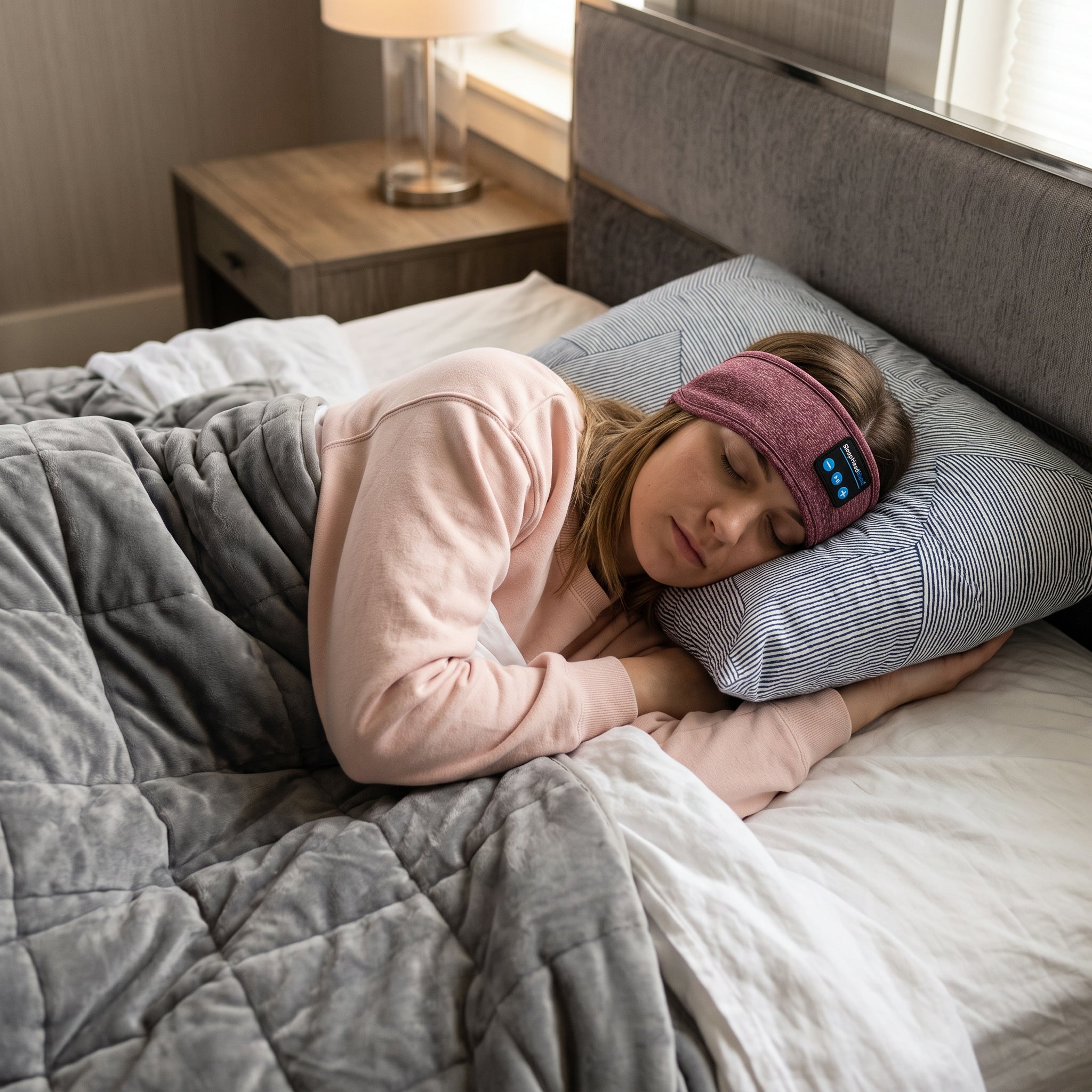 Asleep on her side wearing the headband