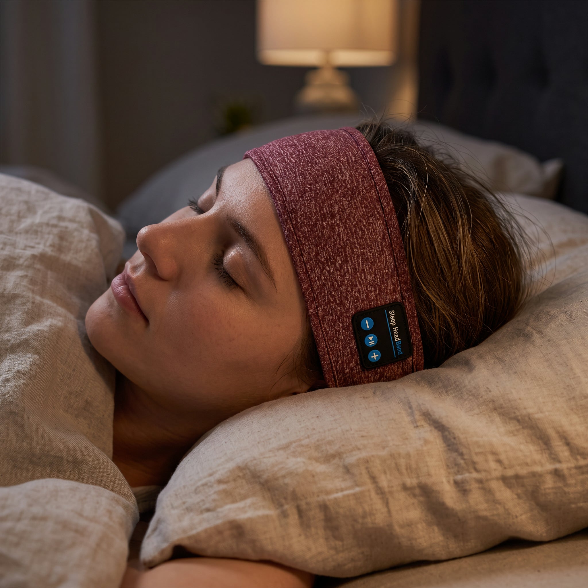Close-up of the burgundy band and its control module on a sleeping wearer